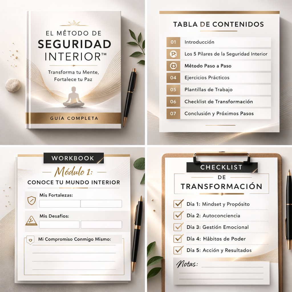 Collection of 'El Metodo de Seguridad Interior' workbook, checklist, and content table on a light background.