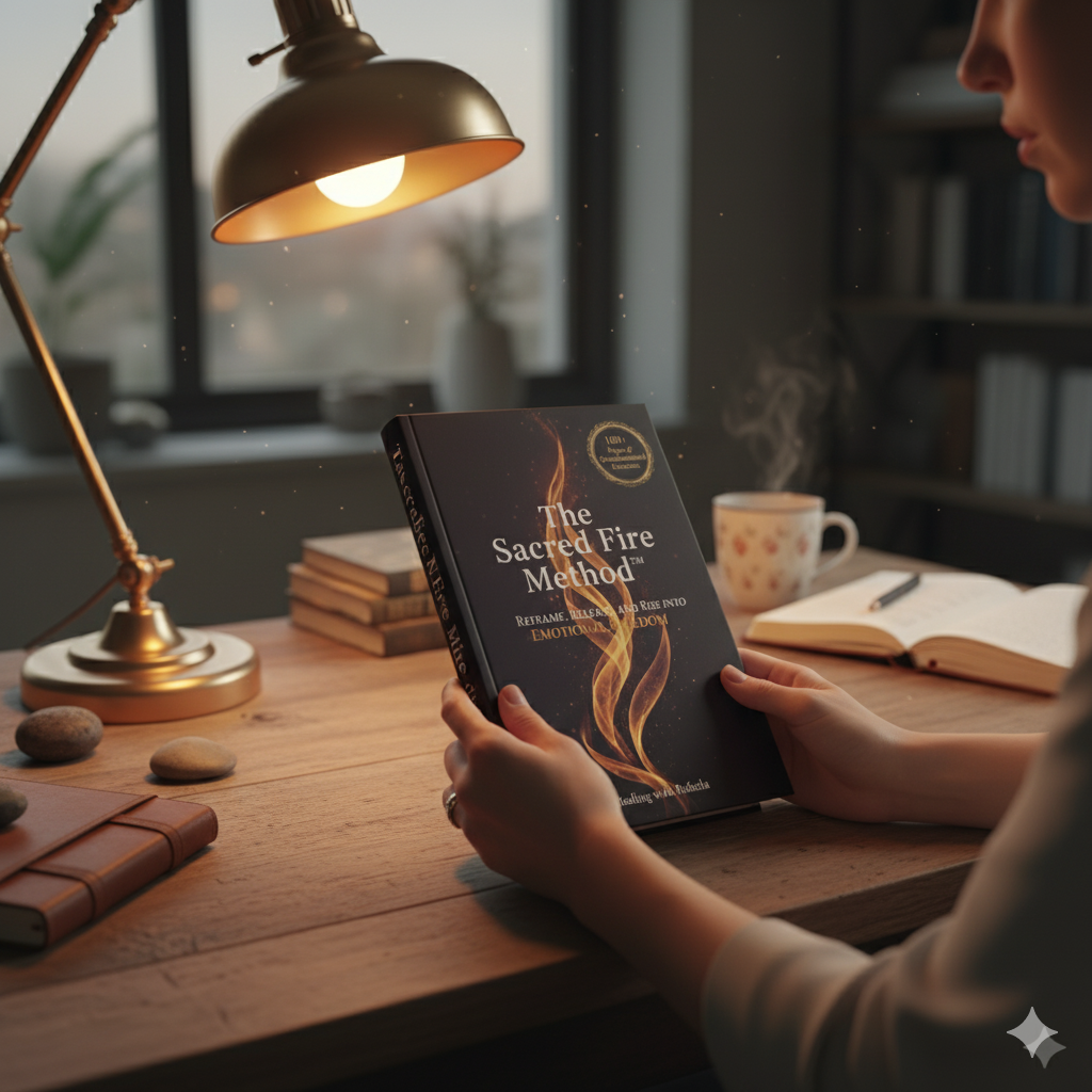 Person holding a book titled 'The Sacred Fire Method' in a cozy room with a lamp and books on a table.